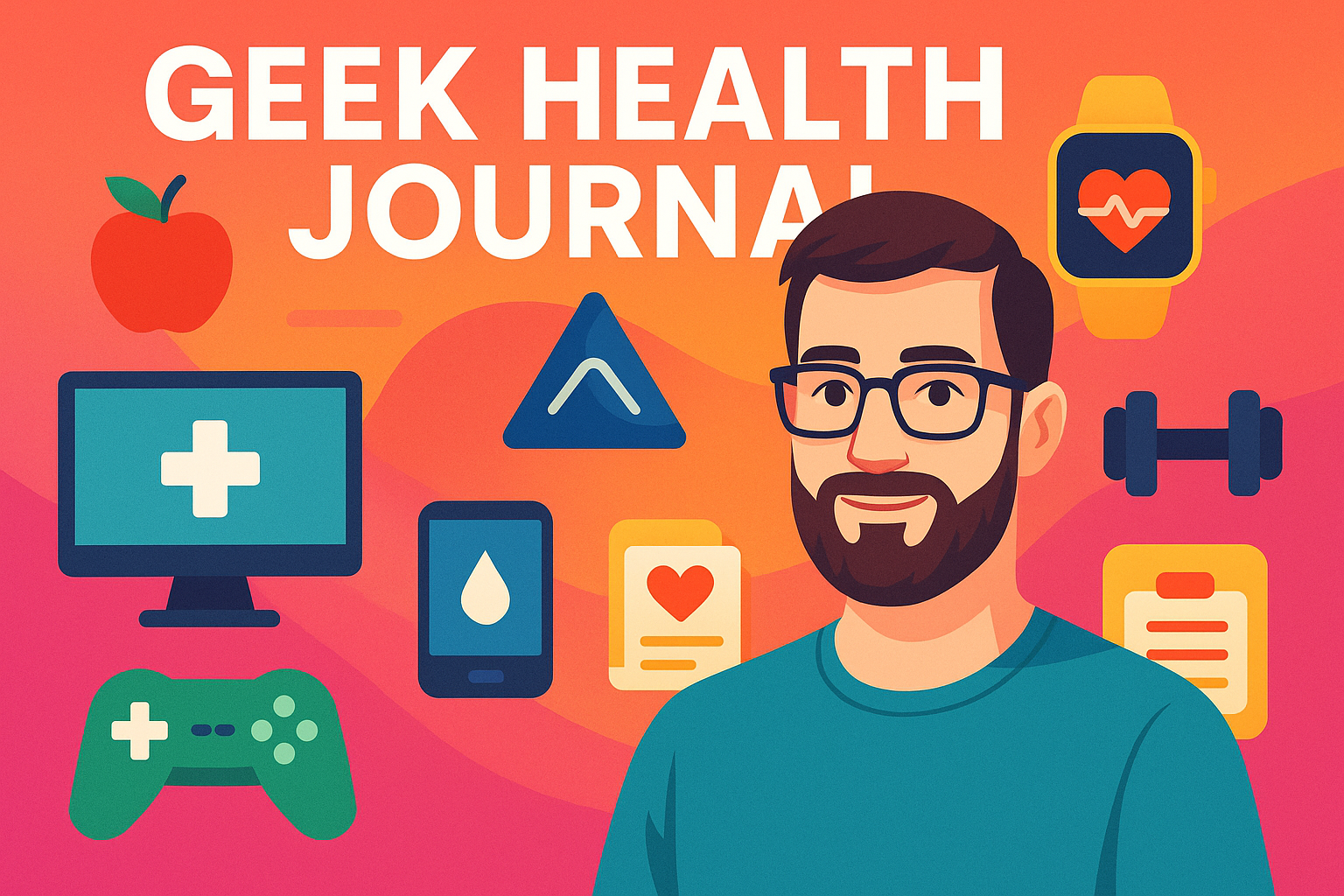 Geek Health Journal feature image with smartwatch, brain, dumbbells, and mobile health icons on a tech-themed background.