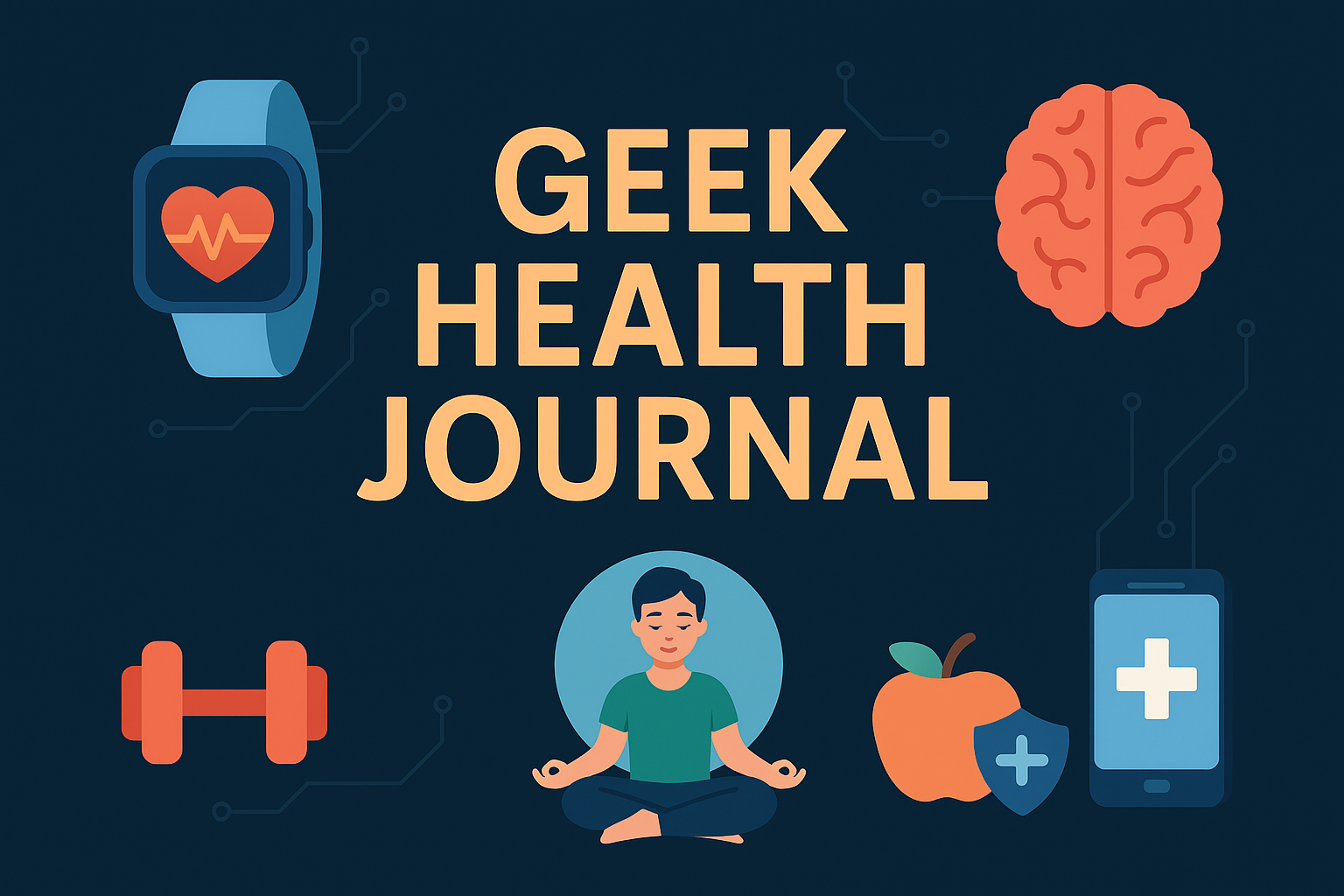Modern tech and health concept illustration with laptop, wearable devices, and glowing wellness icons for Geek Health Journal.
