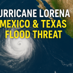 Satellite view of Hurricane Lorena near Baja California with headline text showing Mexico and Texas flood threat.