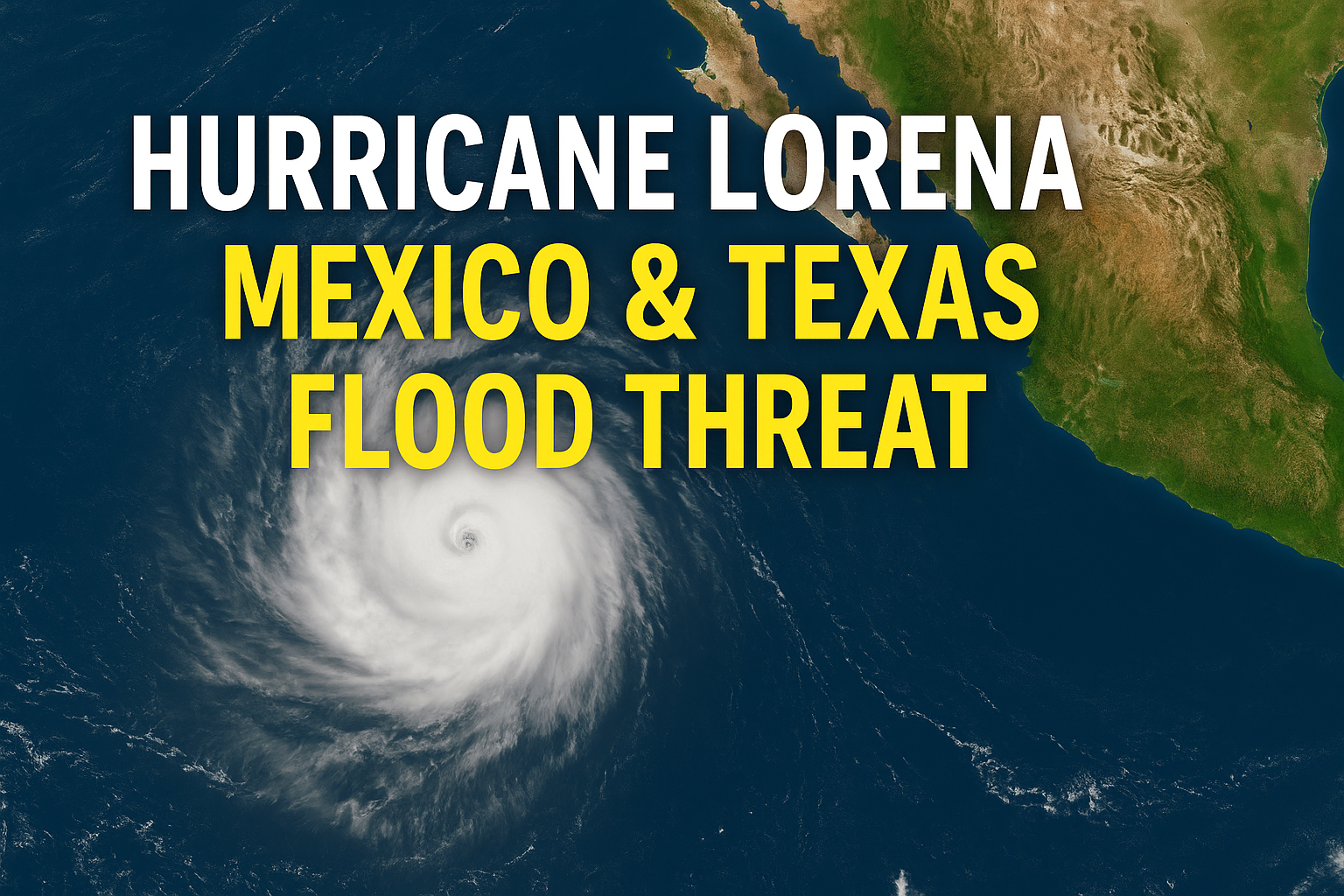 Satellite view of Hurricane Lorena near Baja California with headline text showing Mexico and Texas flood threat.